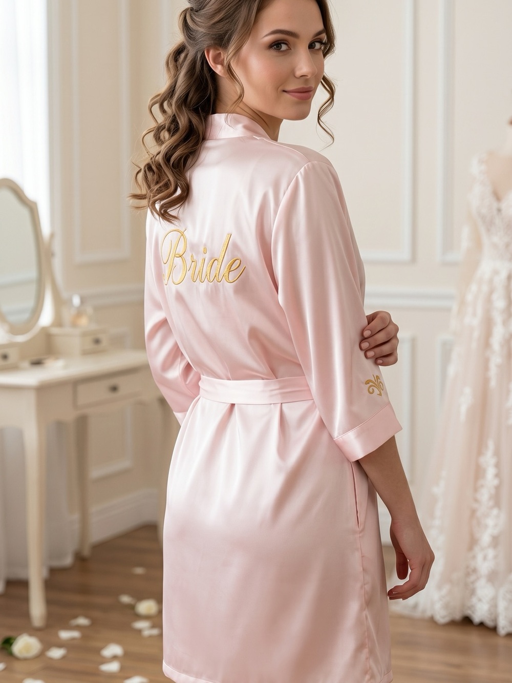 Bride Embroidered Satin Robe - Pink - Picture 2 of 3